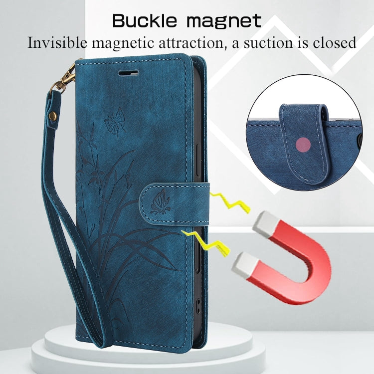 For iPhone 16 Plus Orchid Butterfly Embossed Leather Phone Case(Blue) - iPhone 16 Plus Cases by buy2fix | Online Shopping UK | buy2fix