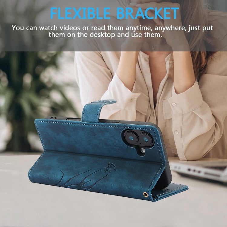 For iPhone 16 Plus Orchid Butterfly Embossed Leather Phone Case(Blue) - iPhone 16 Plus Cases by buy2fix | Online Shopping UK | buy2fix