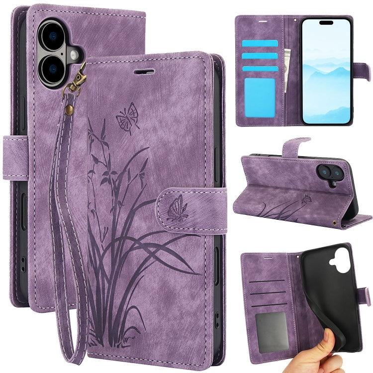 For iPhone 16 Plus Orchid Butterfly Embossed Leather Phone Case(Purple) - iPhone 16 Plus Cases by buy2fix | Online Shopping UK | buy2fix