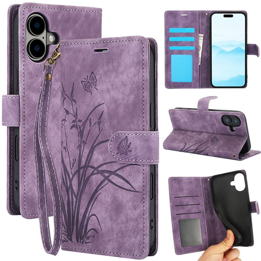 For iPhone 16 Plus Orchid Butterfly Embossed Leather Phone Case(Purple) - iPhone 16 Plus Cases by buy2fix | Online Shopping UK | buy2fix
