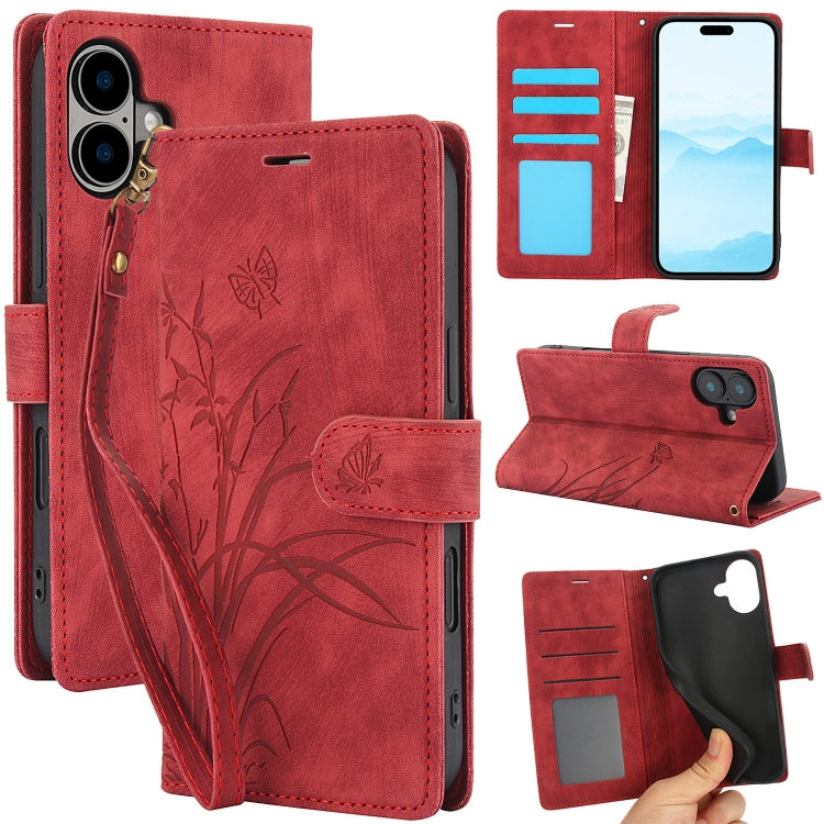 For iPhone 16 Plus Orchid Butterfly Embossed Leather Phone Case(Red) - iPhone 16 Plus Cases by buy2fix | Online Shopping UK | buy2fix