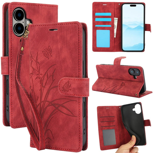 For iPhone 16 Plus Orchid Butterfly Embossed Leather Phone Case(Red) - iPhone 16 Plus Cases by buy2fix | Online Shopping UK | buy2fix