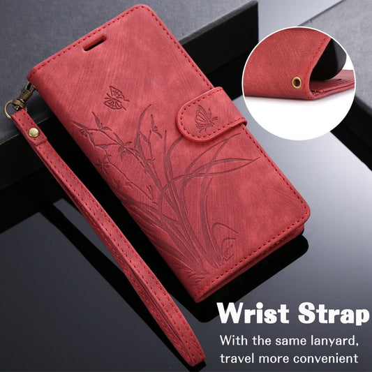 For iPhone 16 Plus Orchid Butterfly Embossed Leather Phone Case(Red) - iPhone 16 Plus Cases by buy2fix | Online Shopping UK | buy2fix