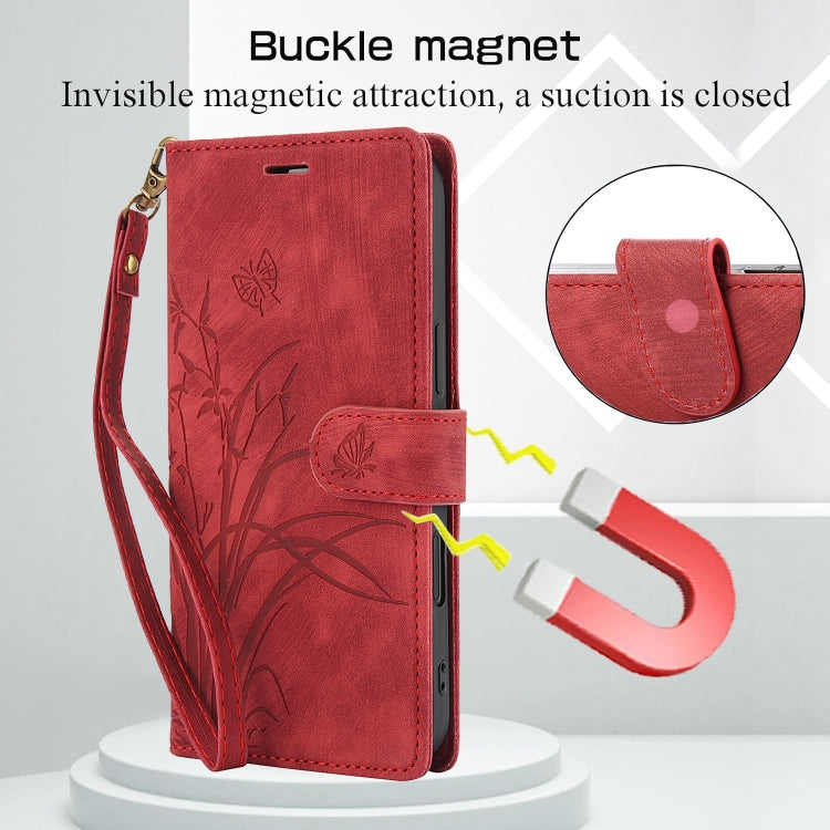 For iPhone 16 Plus Orchid Butterfly Embossed Leather Phone Case(Red) - iPhone 16 Plus Cases by buy2fix | Online Shopping UK | buy2fix