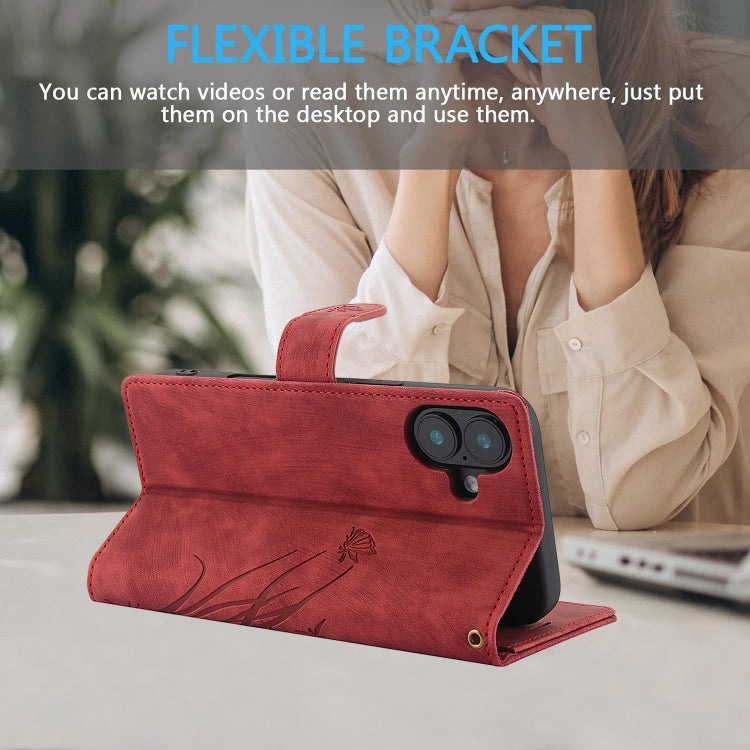 For iPhone 16 Plus Orchid Butterfly Embossed Leather Phone Case(Red) - iPhone 16 Plus Cases by buy2fix | Online Shopping UK | buy2fix