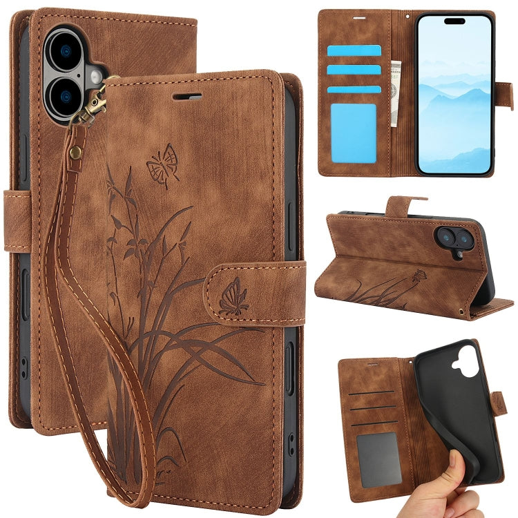 For iPhone 16 Plus Orchid Butterfly Embossed Leather Phone Case(Brown) - iPhone 16 Plus Cases by buy2fix | Online Shopping UK | buy2fix