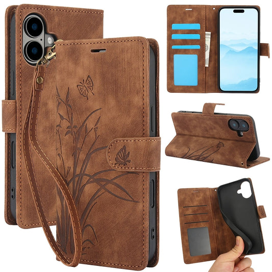For iPhone 16 Plus Orchid Butterfly Embossed Leather Phone Case(Brown) - iPhone 16 Plus Cases by buy2fix | Online Shopping UK | buy2fix
