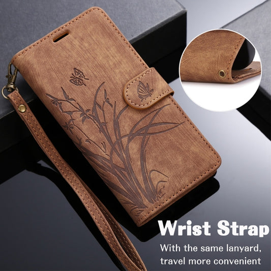For iPhone 16 Plus Orchid Butterfly Embossed Leather Phone Case(Brown) - iPhone 16 Plus Cases by buy2fix | Online Shopping UK | buy2fix