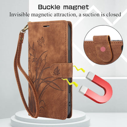 For iPhone 16 Plus Orchid Butterfly Embossed Leather Phone Case(Brown) - iPhone 16 Plus Cases by buy2fix | Online Shopping UK | buy2fix