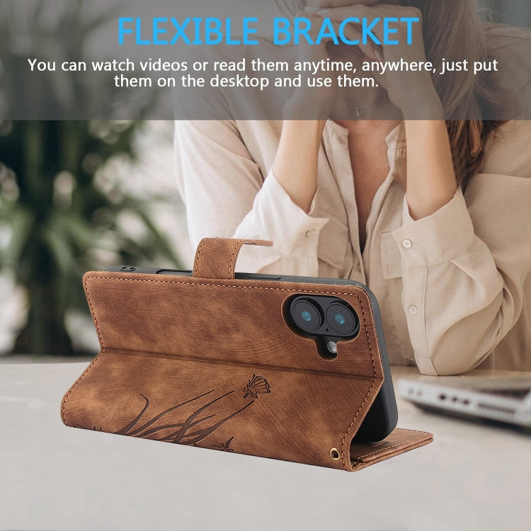 For iPhone 16 Plus Orchid Butterfly Embossed Leather Phone Case(Brown) - iPhone 16 Plus Cases by buy2fix | Online Shopping UK | buy2fix