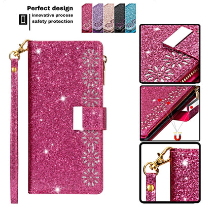 For iPhone 11 Pro Max Multi-card Slots Starry Sky Laser Carving Glitter Zipper Horizontal Flip Leather Case with Holder & Wallet & Lanyard(Rose Red) - iPhone 11 Pro Max Cases by buy2fix | Online Shopping UK | buy2fix