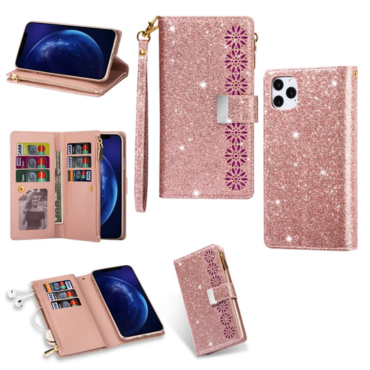 For iPhone 11 Pro Multi-card Slots Starry Sky Laser Carving Glitter Zipper Horizontal Flip Leather Case with Holder & Wallet & Lanyard(Rose Gold) - iPhone 11 Pro Cases by buy2fix | Online Shopping UK | buy2fix