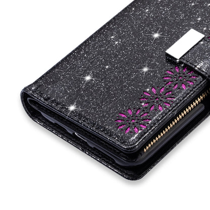 For iPhone 11 Pro Multi-card Slots Starry Sky Laser Carving Glitter Zipper Horizontal Flip Leather Case with Holder & Wallet & Lanyard(Black) - iPhone 11 Pro Cases by buy2fix | Online Shopping UK | buy2fix