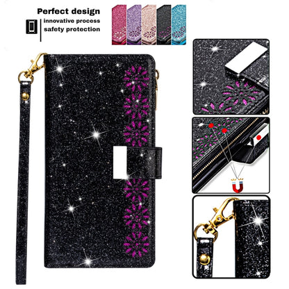 For iPhone 11 Pro Multi-card Slots Starry Sky Laser Carving Glitter Zipper Horizontal Flip Leather Case with Holder & Wallet & Lanyard(Black) - iPhone 11 Pro Cases by buy2fix | Online Shopping UK | buy2fix