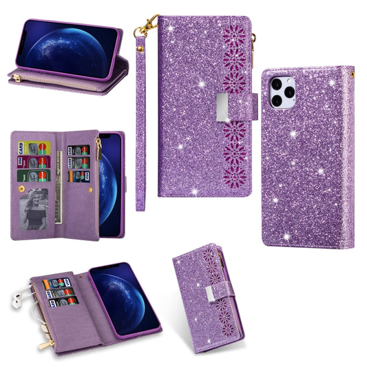 For iPhone 11 Multi-card Slots Starry Sky Laser Carving Glitter Zipper Horizontal Flip Leather Case with Holder & Wallet & Lanyard(Purple) - iPhone 11 Cases by buy2fix | Online Shopping UK | buy2fix