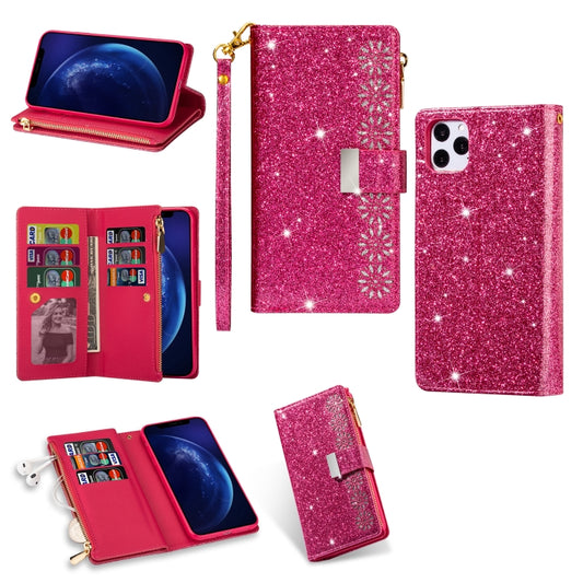 For iPhone 11 Multi-card Slots Starry Sky Laser Carving Glitter Zipper Horizontal Flip Leather Case with Holder & Wallet & Lanyard(Rose Red) - iPhone 11 Cases by buy2fix | Online Shopping UK | buy2fix