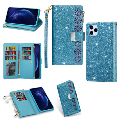 For iPhone 11 Multi-card Slots Starry Sky Laser Carving Glitter Zipper Horizontal Flip Leather Case with Holder & Wallet & Lanyard(Sky Blue) - iPhone 11 Cases by buy2fix | Online Shopping UK | buy2fix
