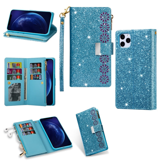 For iPhone 11 Multi-card Slots Starry Sky Laser Carving Glitter Zipper Horizontal Flip Leather Case with Holder & Wallet & Lanyard(Sky Blue) - iPhone 11 Cases by buy2fix | Online Shopping UK | buy2fix