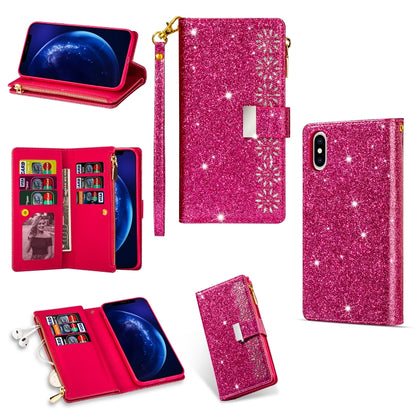 For iPhone XS Max Multi-card Slots Starry Sky Laser Carving Glitter Zipper Horizontal Flip Leather Case with Holder & Wallet & Lanyard(Rose Red) - More iPhone Cases by buy2fix | Online Shopping UK | buy2fix