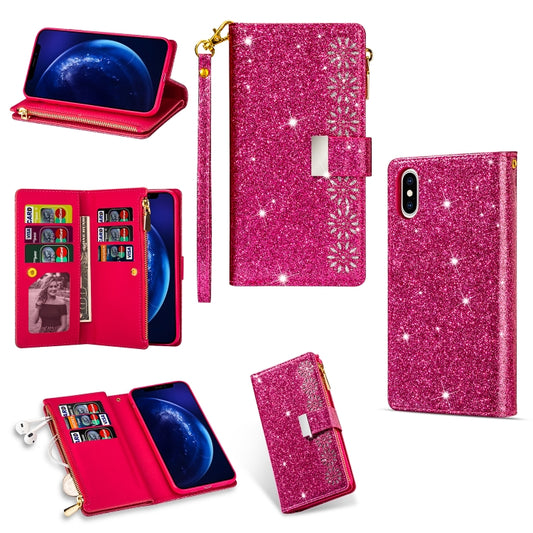 For iPhone XR Multi-card Slots Starry Sky Laser Carving Glitter Zipper Horizontal Flip Leather Case with Holder & Wallet & Lanyard(Rose Red) - More iPhone Cases by buy2fix | Online Shopping UK | buy2fix