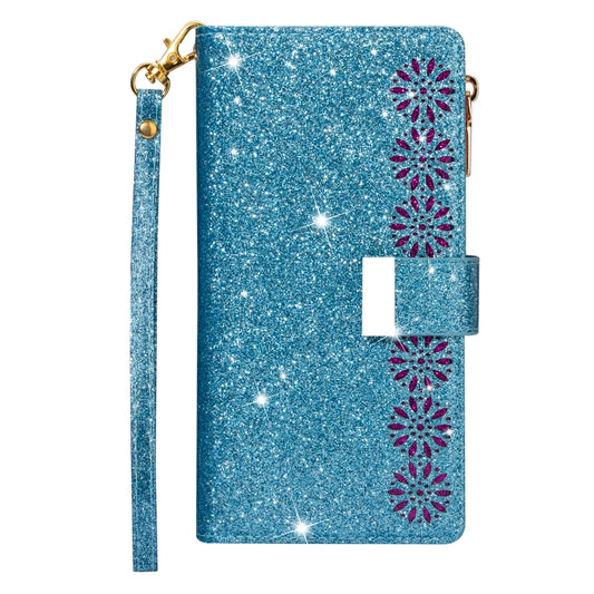 For iPhone XR Multi-card Slots Starry Sky Laser Carving Glitter Zipper Horizontal Flip Leather Case with Holder & Wallet & Lanyard(Sky Blue) - More iPhone Cases by buy2fix | Online Shopping UK | buy2fix