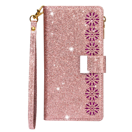 For iPhone XR Multi-card Slots Starry Sky Laser Carving Glitter Zipper Horizontal Flip Leather Case with Holder & Wallet & Lanyard(Rose Gold) - More iPhone Cases by buy2fix | Online Shopping UK | buy2fix