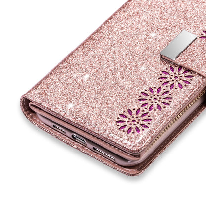 For iPhone XR Multi-card Slots Starry Sky Laser Carving Glitter Zipper Horizontal Flip Leather Case with Holder & Wallet & Lanyard(Rose Gold) - More iPhone Cases by buy2fix | Online Shopping UK | buy2fix