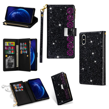 For iPhone XR Multi-card Slots Starry Sky Laser Carving Glitter Zipper Horizontal Flip Leather Case with Holder & Wallet & Lanyard(Black) - More iPhone Cases by buy2fix | Online Shopping UK | buy2fix