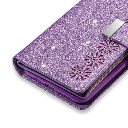 For iPhone X / XS Multi-card Slots Starry Sky Laser Carving Glitter Zipper Horizontal Flip Leather Case with Holder & Wallet & Lanyard(Purple) - More iPhone Cases by buy2fix | Online Shopping UK | buy2fix