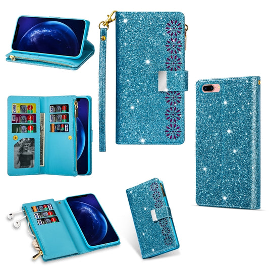 For iPhone 8 Plus / 7 Plus Multi-card Slots Starry Sky Laser Carving Glitter Zipper Horizontal Flip Leather Case with Holder & Wallet & Lanyard(Sky Blue) - More iPhone Cases by buy2fix | Online Shopping UK | buy2fix
