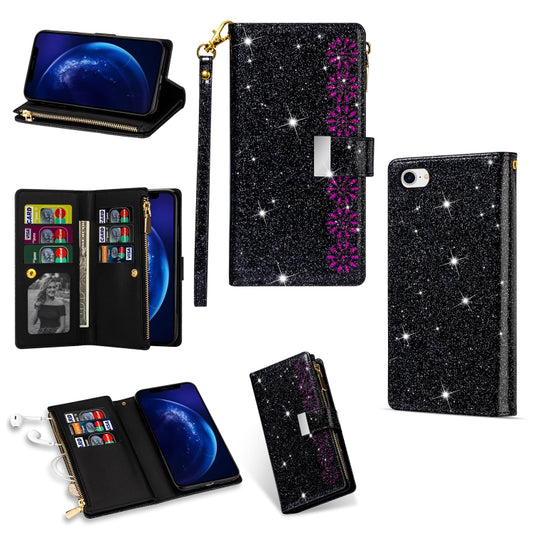 For iPhone SE 2022 / SE 2020 / 8 / 7 Multi-card Slots Starry Sky Laser Carving Glitter Zipper Horizontal Flip Leather Case with Holder & Wallet & Lanyard(Black) - iPhone SE 2022 / 2020 / 8 / 7 Cases by buy2fix | Online Shopping UK | buy2fix