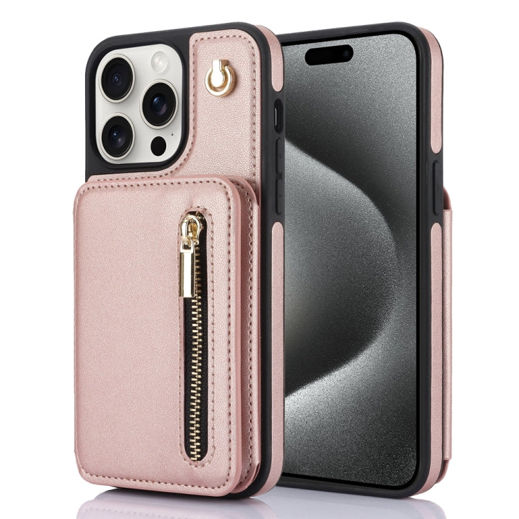 For iPhone 15 Pro YM006 Skin Feel Zipper Card Bag Phone Case with Dual Lanyard(Rose Gold) - iPhone 15 Pro Cases by buy2fix | Online Shopping UK | buy2fix