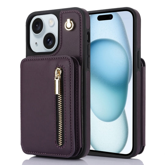 For iPhone 15 YM006 Skin Feel Zipper Card Bag Phone Case with Dual Lanyard(Dark Purple)