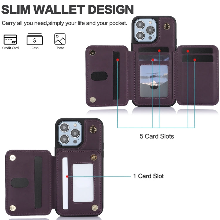 For iPhone 15 YM006 Skin Feel Zipper Card Bag Phone Case with Dual Lanyard(Dark Purple) - iPhone 15 Cases by buy2fix | Online Shopping UK | buy2fix