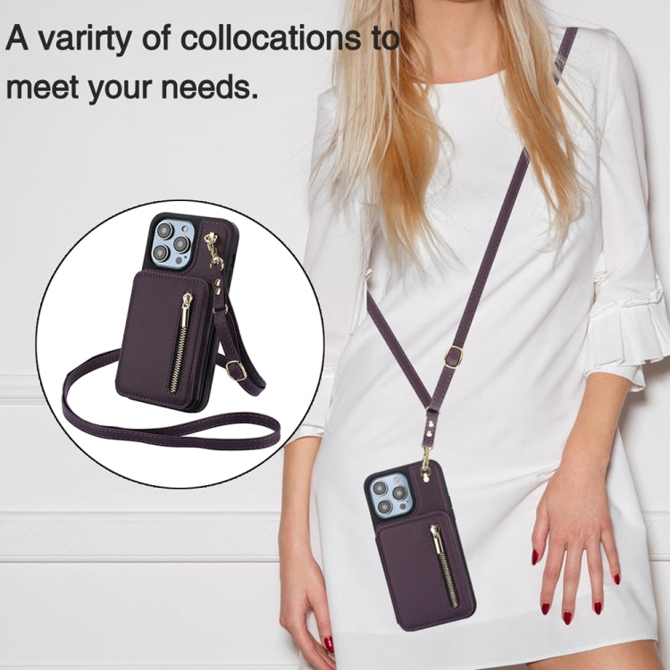 For iPhone 15 YM006 Skin Feel Zipper Card Bag Phone Case with Dual Lanyard(Dark Purple) - iPhone 15 Cases by buy2fix | Online Shopping UK | buy2fix
