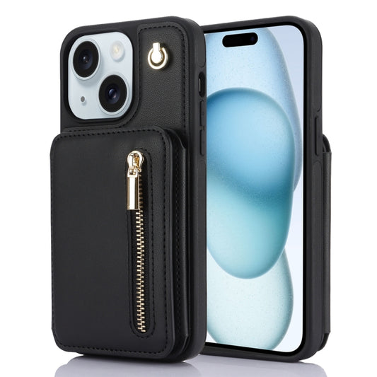 For iPhone 15 YM006 Skin Feel Zipper Card Bag Phone Case with Dual Lanyard(Black) - iPhone 15 Cases by buy2fix | Online Shopping UK | buy2fix