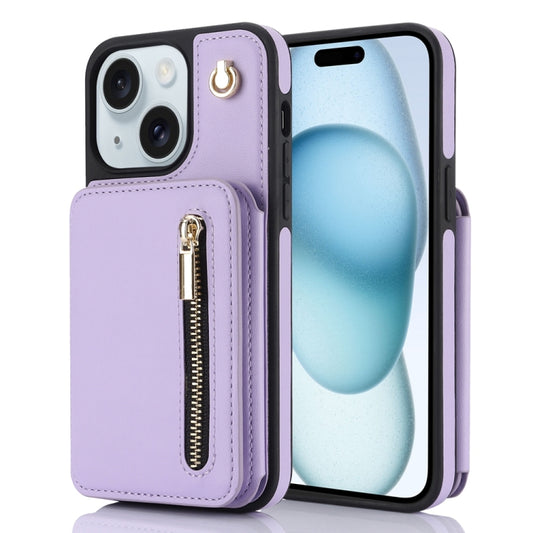 For iPhone 15 YM006 Skin Feel Zipper Card Bag Phone Case with Dual Lanyard(Light Purple) - iPhone 15 Cases by buy2fix | Online Shopping UK | buy2fix
