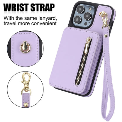For iPhone 15 YM006 Skin Feel Zipper Card Bag Phone Case with Dual Lanyard(Light Purple) - iPhone 15 Cases by buy2fix | Online Shopping UK | buy2fix