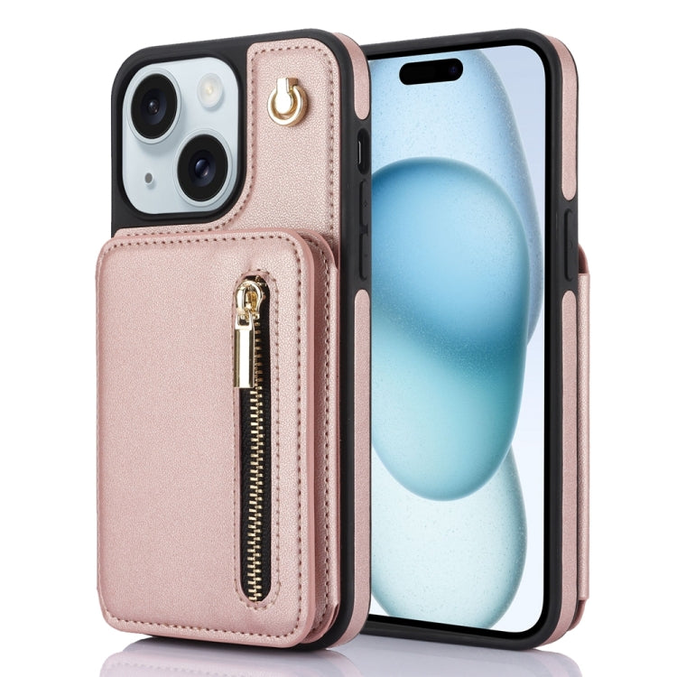 For iPhone 15 YM006 Skin Feel Zipper Card Bag Phone Case with Dual Lanyard(Rose Gold) - iPhone 15 Cases by buy2fix | Online Shopping UK | buy2fix