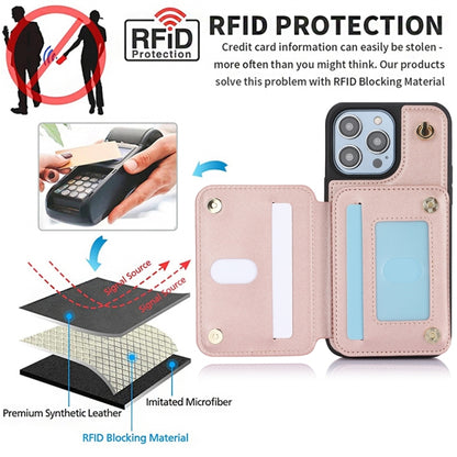 For iPhone 15 YM006 Skin Feel Zipper Card Bag Phone Case with Dual Lanyard(Rose Gold) - iPhone 15 Cases by buy2fix | Online Shopping UK | buy2fix