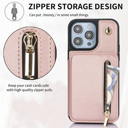 For iPhone 15 YM006 Skin Feel Zipper Card Bag Phone Case with Dual Lanyard(Rose Gold) - iPhone 15 Cases by buy2fix | Online Shopping UK | buy2fix