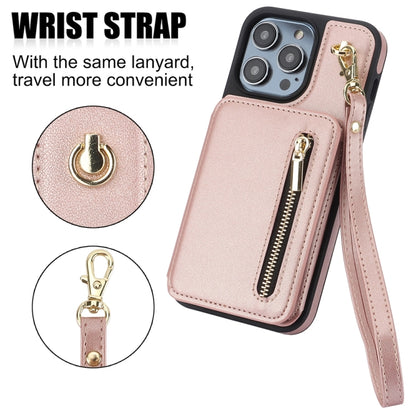 For iPhone 15 YM006 Skin Feel Zipper Card Bag Phone Case with Dual Lanyard(Rose Gold) - iPhone 15 Cases by buy2fix | Online Shopping UK | buy2fix