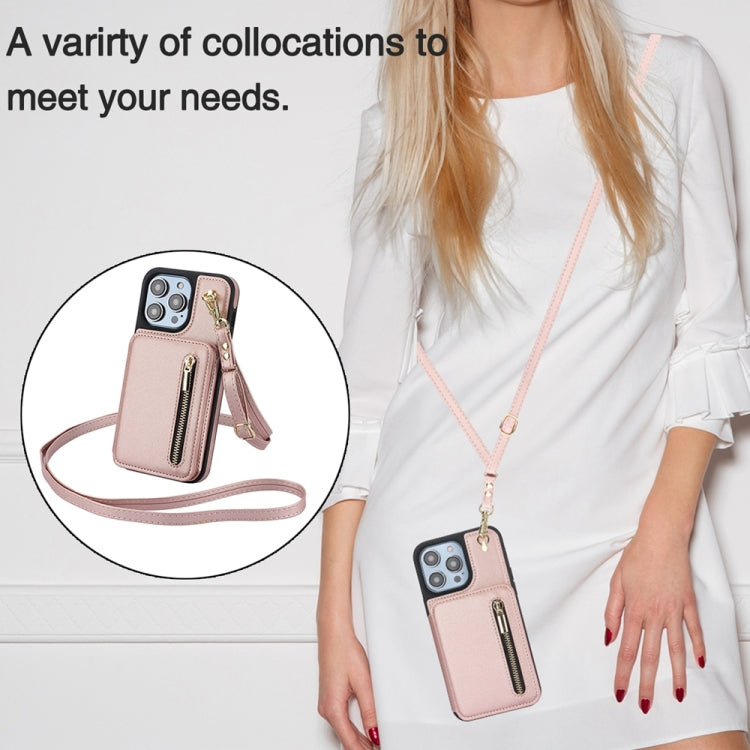 For iPhone 15 YM006 Skin Feel Zipper Card Bag Phone Case with Dual Lanyard(Rose Gold) - iPhone 15 Cases by buy2fix | Online Shopping UK | buy2fix
