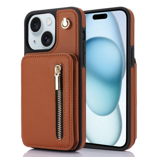 For iPhone 15 YM006 Skin Feel Zipper Card Bag Phone Case with Dual Lanyard(Brown) - iPhone 15 Cases by buy2fix | Online Shopping UK | buy2fix