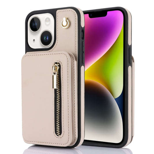 For iPhone 14 Plus YM006 Skin Feel Zipper Card Bag Phone Case with Dual Lanyard(Apricot) - iPhone 14 Plus Cases by buy2fix | Online Shopping UK | buy2fix