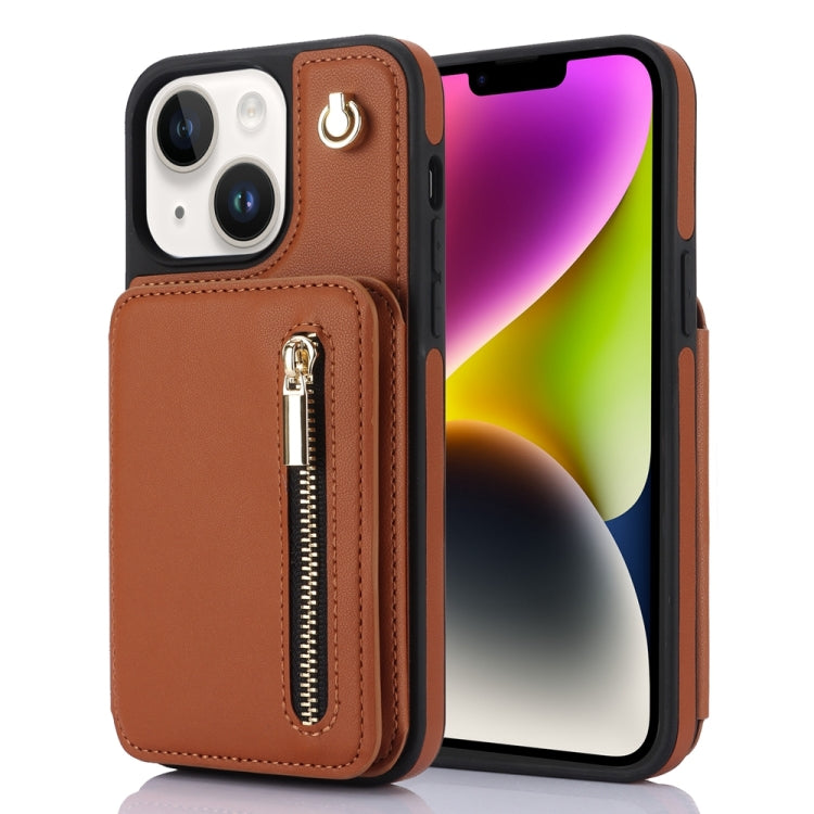 For iPhone 14 Plus YM006 Skin Feel Zipper Card Bag Phone Case with Dual Lanyard(Brown) - iPhone 14 Plus Cases by buy2fix | Online Shopping UK | buy2fix
