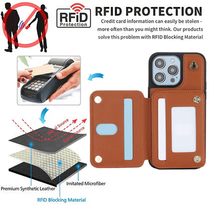 For iPhone 14 Plus YM006 Skin Feel Zipper Card Bag Phone Case with Dual Lanyard(Brown) - iPhone 14 Plus Cases by buy2fix | Online Shopping UK | buy2fix