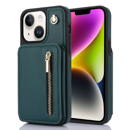 For iPhone 14 Plus YM006 Skin Feel Zipper Card Bag Phone Case with Dual Lanyard(Green) - iPhone 14 Plus Cases by buy2fix | Online Shopping UK | buy2fix