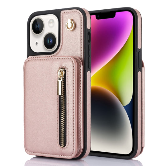 For iPhone 14 YM006 Skin Feel Zipper Card Bag Phone Case with Dual Lanyard(Rose Gold) - iPhone 14 Cases by buy2fix | Online Shopping UK | buy2fix