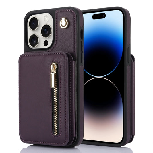 For iPhone 14 Pro YM006 Skin Feel Zipper Card Bag Phone Case with Dual Lanyard(Dark Purple) - iPhone 14 Pro Cases by buy2fix | Online Shopping UK | buy2fix
